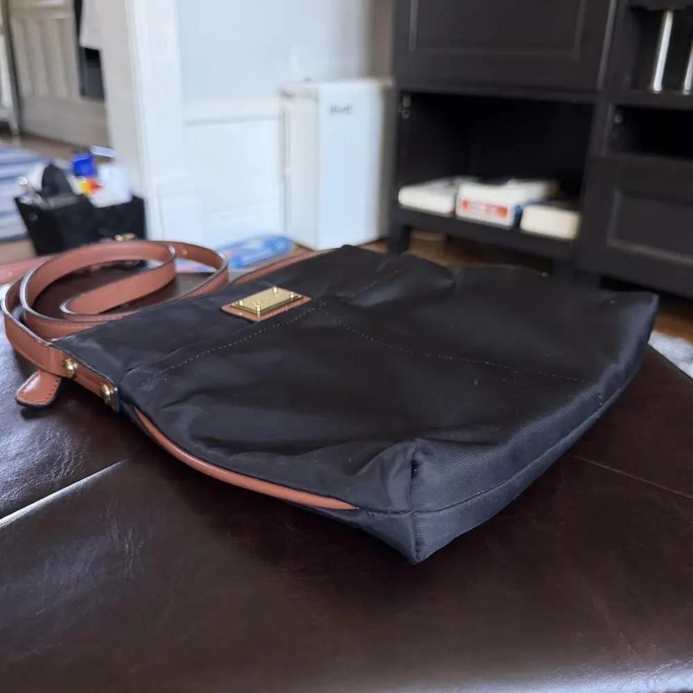 Calvin Klein Crossbody Bag Womens Medium Black Nylon Brown Trim Zip Pocket